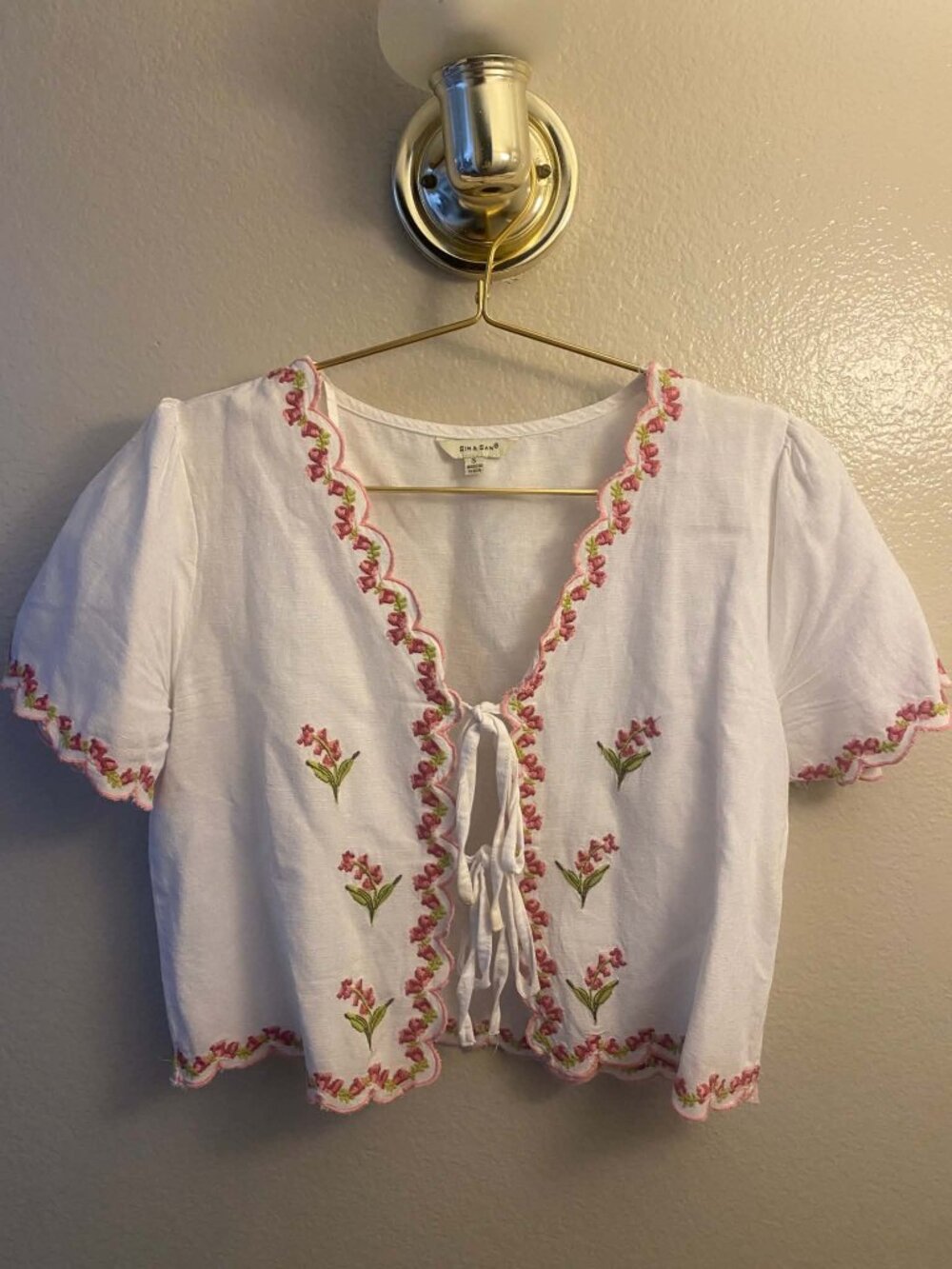 Embroidered cropped tie-front blouse Sim & Sam Linen Mix crop top Small